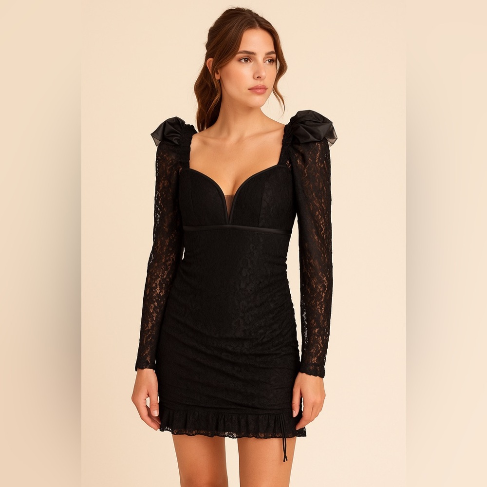 Moonsea Black Lace Sheath Dress | Deep V Neck Long Sleeve Ruched Mini | Size M